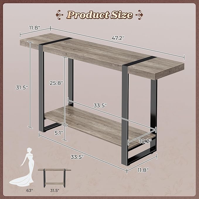 Huuger 47.2 Inch Entryway Table, 2-Tier Industrial Console Sofa Table with Storage, Accent Table, for Entry, Hallway, Entrance, Foyer, T-Shaped Metal Frame, Grey
