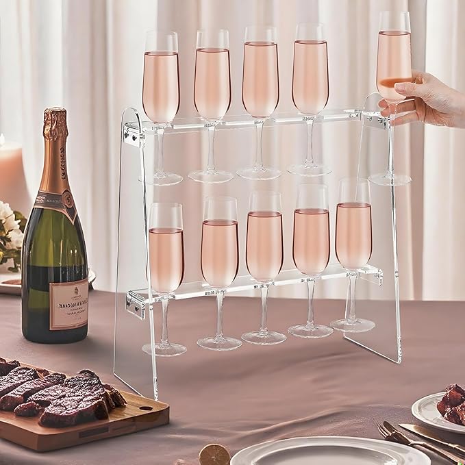Tosnail 2-Tier Champagne Flute Glass Holder Stand, 10 Slots Champagne Flute Tabletop Stemware Hanging Display Rack for Party, Fits Up to 9 Inch Glasses