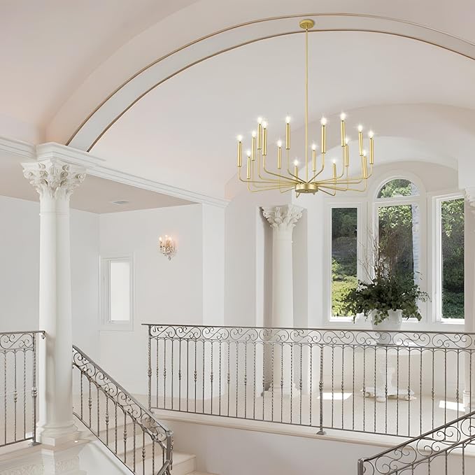 Modern Gold Farmhouse Chandeliers, 16-Light Industrial Metal Chandelier Lighting, Classic Candle Hanging Pendant Light Fixtures for Kitchen Island, Living Room, Dining Room, Stair