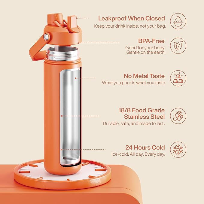 Insulated Water Bottle with Straw Stainless Steel Water Bottle, Leak-Proof, BPA-Free, Double Wall Vacuum Keeps Cold for 24 Hours for Sports, Travel, School (26 oz, Moderate Orange)