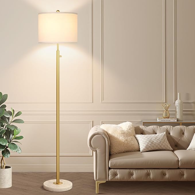 【Upgraded】Dimmable Gold Floor Lamps for Living Room, 11W LED Bulb Included, Modern Standing Lamp with Marble Base, Tall Pole Light with White Linen Shade for Bedroom Reading Office Corner Nursery