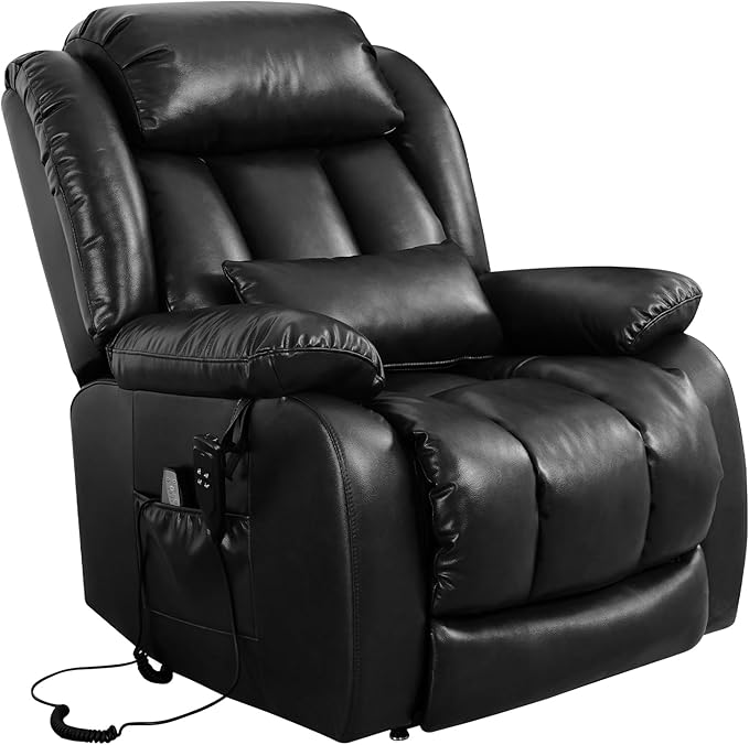 MAEVIS Large Genuine Leather Power Lift Recliner Chair, Dual Motor Recliner for Elderly,Extended Footrest and Lumbar Pillow for Tall Man,with Heat and Massage, USB and Type-C Ports(Black)