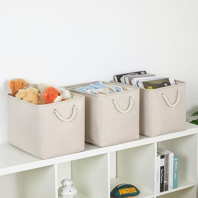 Bidtakay Large Storage Baskets for Shelves 3 Pack Fabric Storage Bins for Organizing Linen Collapsible Organizer for Closet-Light Biege