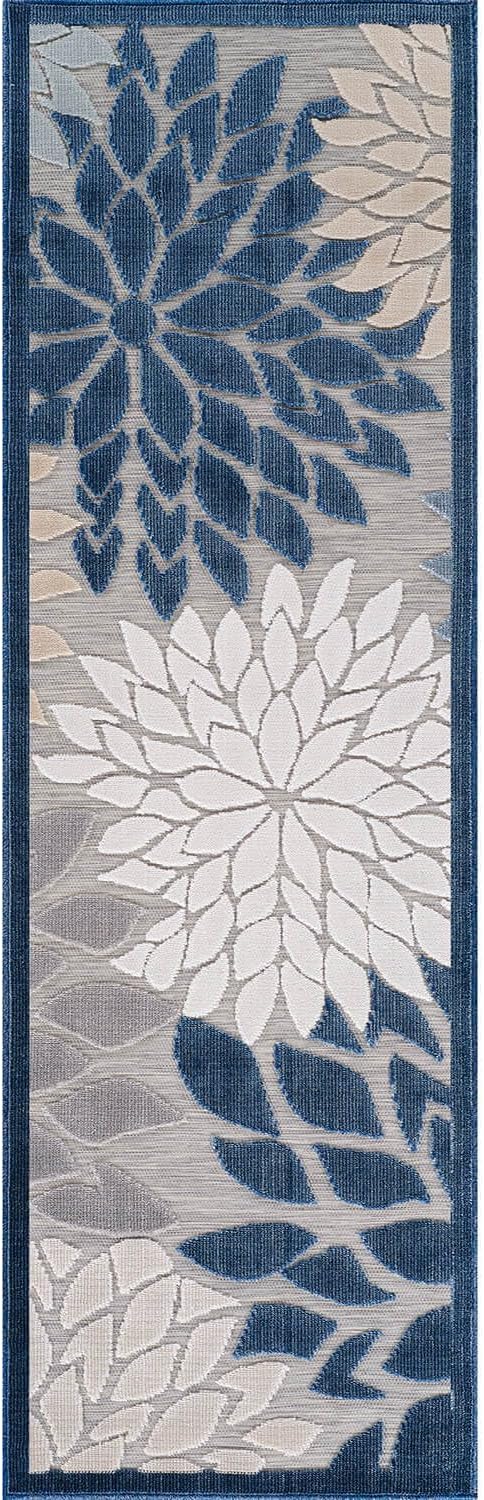 Beverly Rug Outdoor Runner Rug 2x7 Modern Floral Tropical Area Rugs for Indoor and Outdoor Patio Easy to Clean Non Shedding Living Room Porch Garden Washable Outside Carpet (2 x 7 Blue)