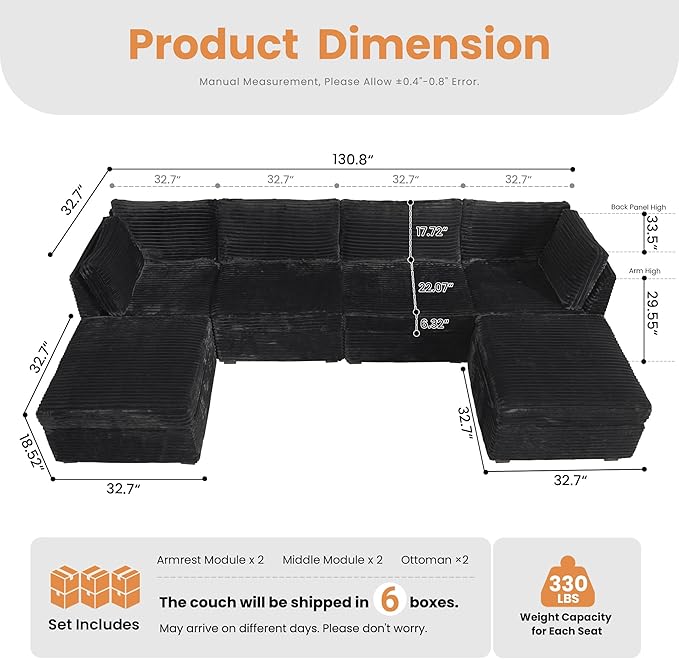 HOOOWOOO Modular Sectional Sofa,6 Pieces Sectional Couches for Living Room,131X66 L Shaped Cloud Couch with Ottoman Chaise Set(Black Velvet Corduroy)