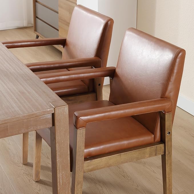 Kmax Modern Dining Chairs Set of 6 Faux Leather Kitchen Arm Chairs Upholstered Accent Chairs with Wooden Legs for Dining Room, Living Room, Bedroom, Brown