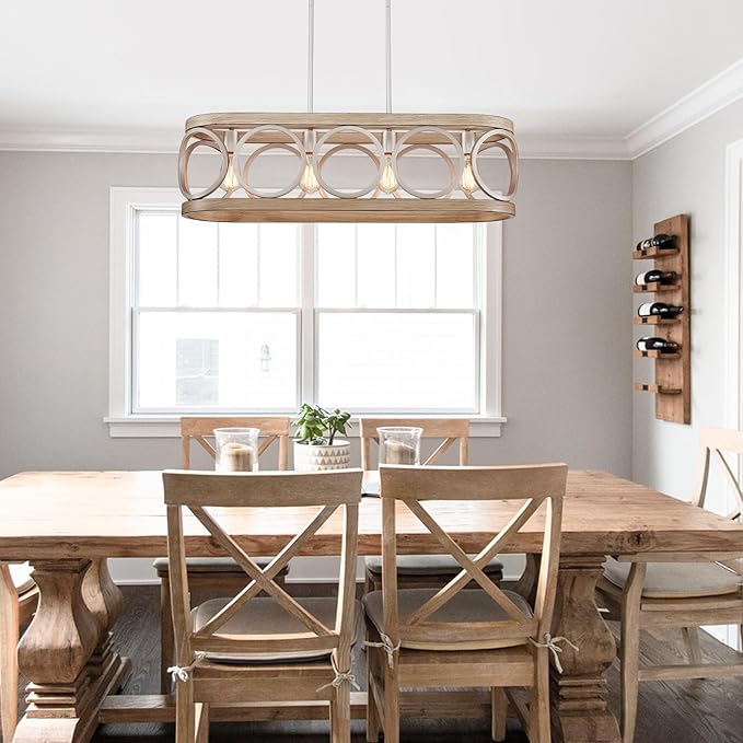 XINGQI Kitchen Island Chandelier for Dining Room Modern Farmhouse Rectangle Pendant Lighting Fixture Vintage Linear Hanging 4-Light Rustic Living Room, Antique Brushed Nickel and Wood Grain Finish