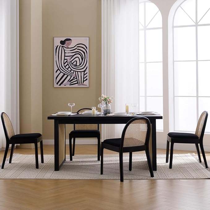 Mid Century Dining Chairs Set of 4, Accent Rattan Sherpa Fabric Side Chairs Kitchen Chair with Solid Wooden Legs for Living Room Dining Room, Black