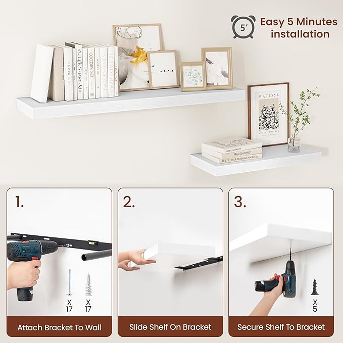 White Floating Shelves for Wall, 36 Inch X 12 Deep Shelves for Room Wall Mounted,2" Thick Heavy Duty Holds 65lbs Floating Shelf for Bedroom Bathroom Kitchen Laundry Room, Set of 2