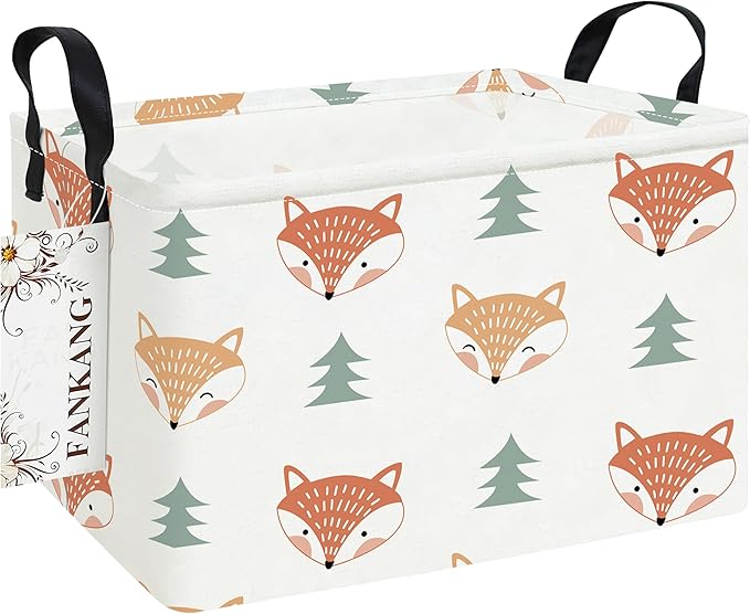 FANKANG Storage Bins, Nursery Hamper Canvas Laundry Basket Foldable with Waterproof PE Coating Large Storage Baskets for Kids Boys and Girls, Office, Bedroom, Clothes,Toys(Rec-Fox )