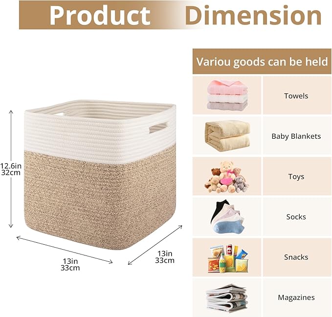 OIAHOMY 13 Kallax Inch Cube Storage Bins, 3-Pack Cotton Rope Woven Baskets for Organizing, Kallax Insert Storage Baskets for Shelves, Baby Nursery, Closet Organizer, 13*13*12.6IN, Brown & White