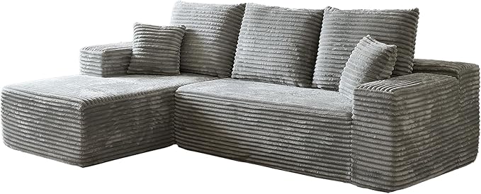 HYJT-H&K Modular Sectional Sofa Cloud Couch, 107" Comfy L Shaped Sectional Couches for Living Room, Deep Seat Memory Foam Plush Fluffy Corduroy Boneless Couch Sectionals Left Facing Sofa Chaise Grey