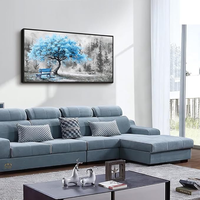 ZUITINGHUA Large Black Framed Wall Decor For Living Room Canvas Wall Art For Office Modern Wall Decorations For Bedroom Blue Tree Landscape Paintings Black And White Pictures Home Decor 24x48 In