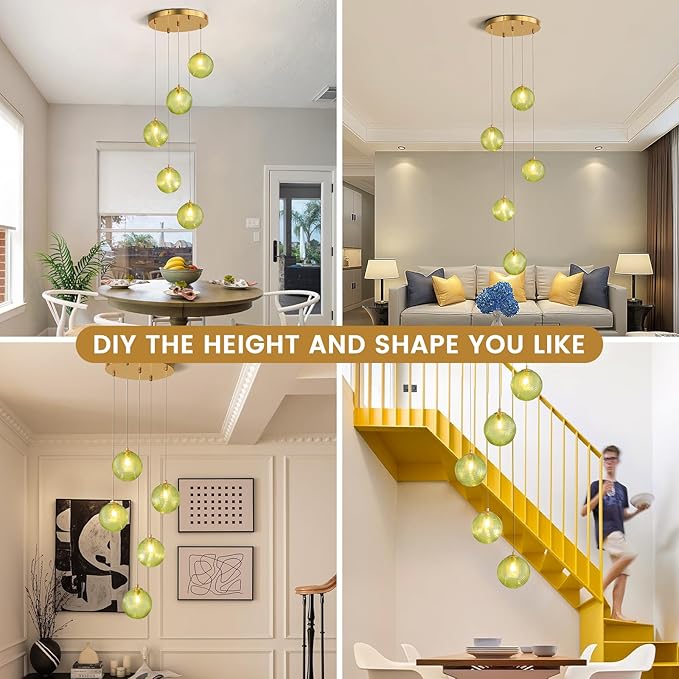 5-Light Chandelier, Globe Green Glass Flush Mount Pendant Light,15W Ceiling Hanging Light for Staircase Foyer Entryway Living Room Hotel Kitchen Island(3000K,G9 Bulbs Include)