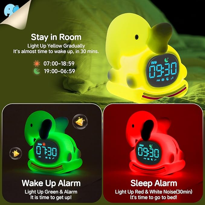 Alarm Clock for Kids with Night Light, Sleep Training Clock Time to Wake Clock, Rechargeable Silicone Light for Bedroom, Perfect Sleep Companion for Boys Girls,Blue Elephant