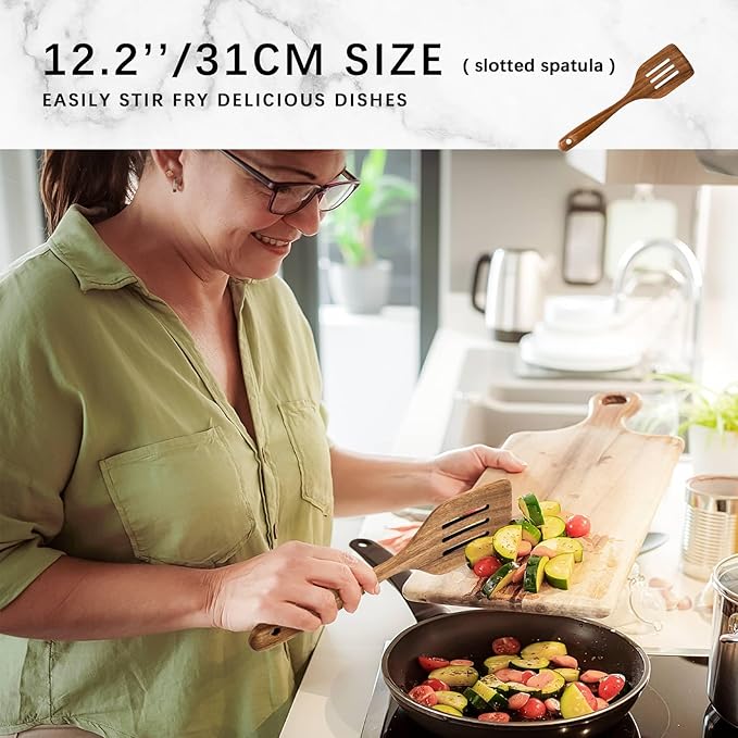 Wooden Spoons for Cooking, Nonstick Cooking Utensil Set with 9 Piece Acacia Wooden Spatulas and Spoons for Cooking, Terrific for Everyday Kitchen Tasks
