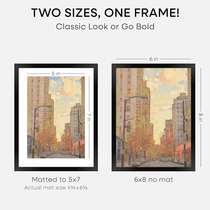Homeforia 6x8 Picture Frame Black, High End Metal 6 x 8 Black Frames with Mat 5 x 7 for Art, 8x6 Desk Frame Matted to 5x7 inch Photo, 6 by 8 Wall or Tabletop Frames, Tempered Glass, Wall Kit, Set of 1