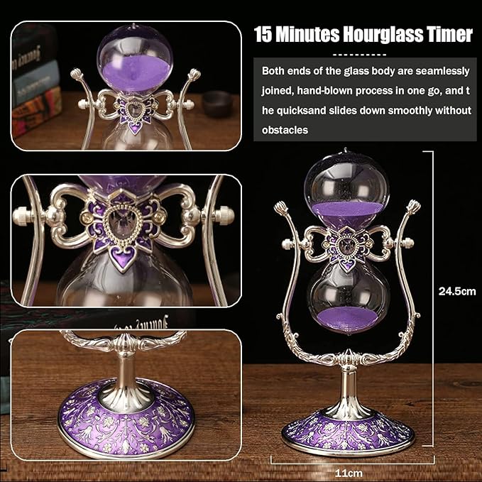 Sanduhr 15 Minuten,Metal Vintage Hourglass,Hour Glass,Hourglass Decor,for Home Decoration Office Desk Wedding Party Decor Kitchen Timer (Violetter Sand)