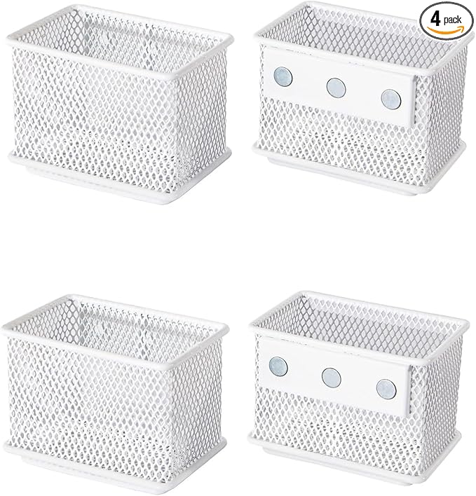 White Magnetic Basket, Magnetic Pencil Holder for whiteboard, Wire Mesh Magnetic Refrigerate Organizer, Magnetic shelf Desktop Storage, 3.42'' x 2.36'' x 2.55'',Set of 4