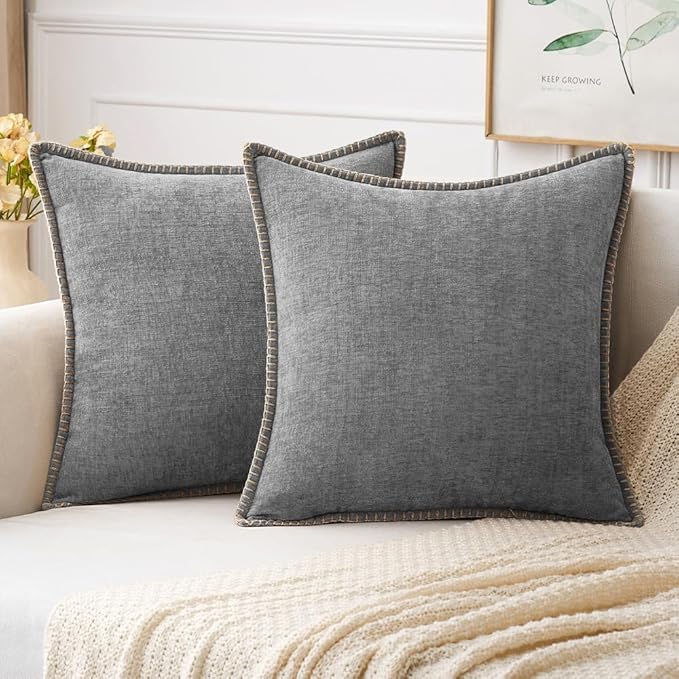 MIULEE Pack of 2 Couch Throw Pillow Covers 20x20 Inch Dark Gray Farmhouse Decorative Pillow Covers with Stitched Edge Soft Chenille Solid Dyed Spring Pillow Covers for Sofa Bed Living Room