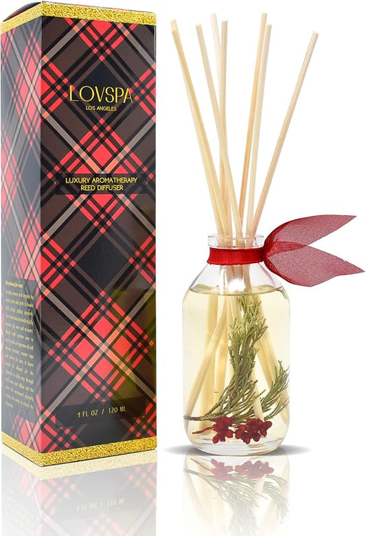 LOVSPA Reed Diffuser Set, Joy Winterberry Spruce Scented Oil Diffuser with Sticks, Home Fragrance Accessories for Bathroom Shelf Decor, Aroma Diffusers for Home or Office Desk, USA Made