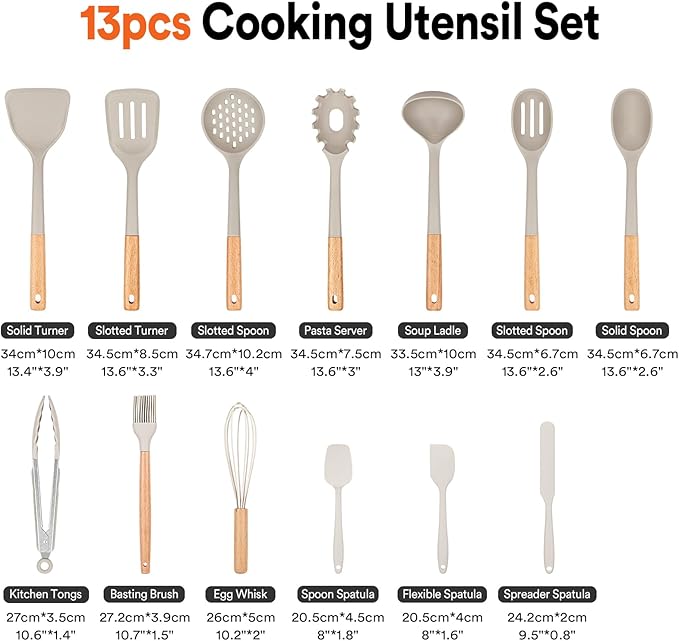 Kitchen Utensils Set, 13PCS Silicone Cooking Utensils, Heat Resistant Kitchen Utensil Spatula Set for Nonstick Cookware, Wooden Handles Kitchen Gadgets Tools Set