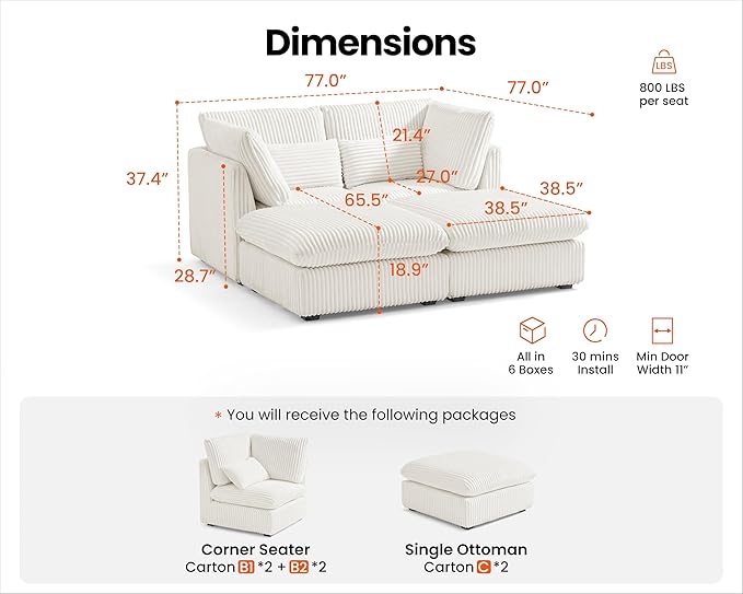 Oversized Modular Sofa, Extra Deep Cloud Corduroy Sectional Couch with Ottoman Chaise, Fluffy Corduroy 4 Seater Couch Bed for Living Room, Villa (Sofa Bed 4 Seater, Corduroy White)