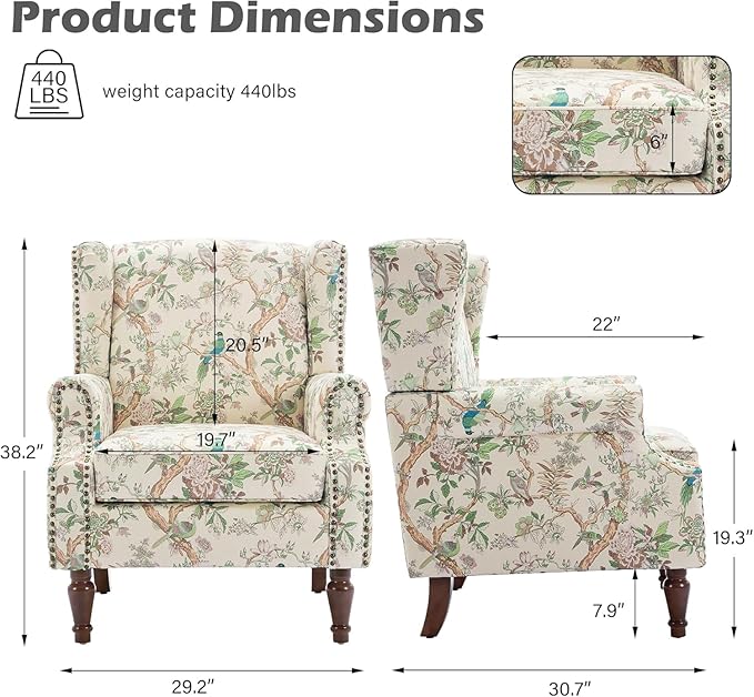UIXE High Back Floral Accent Chair, Fabric Upholstered Armchair for Living Room, Retro Wingback Arm Chair with Solid Wood Legs, Nailhead Trim Single Sofa Bedroom Reading Seat - Bird Pattern