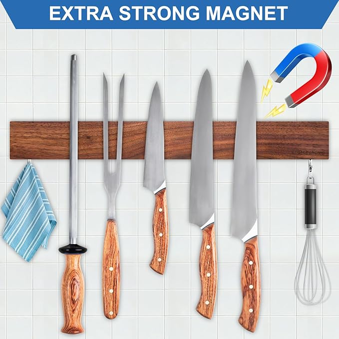 Magnetic Knife Holder for Wall, Magnetic Knife Strip No Drilling 16 Inch, Walnut Wood Magnet knife holder strip with 2 Hooks, Powerful Magnet Knife rack for Kitchen Utensils, Knives and Tools