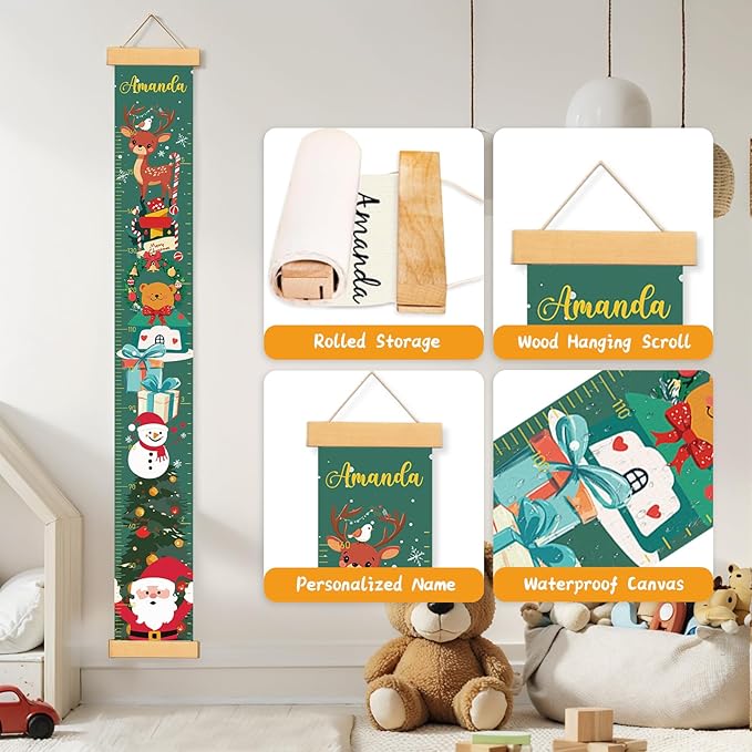 Personalized Name Growth Chart Wall Decor for Kids – Canvas Removable Height Chart Measuring Ruler 59" x 7.9" (Christmas Deer)