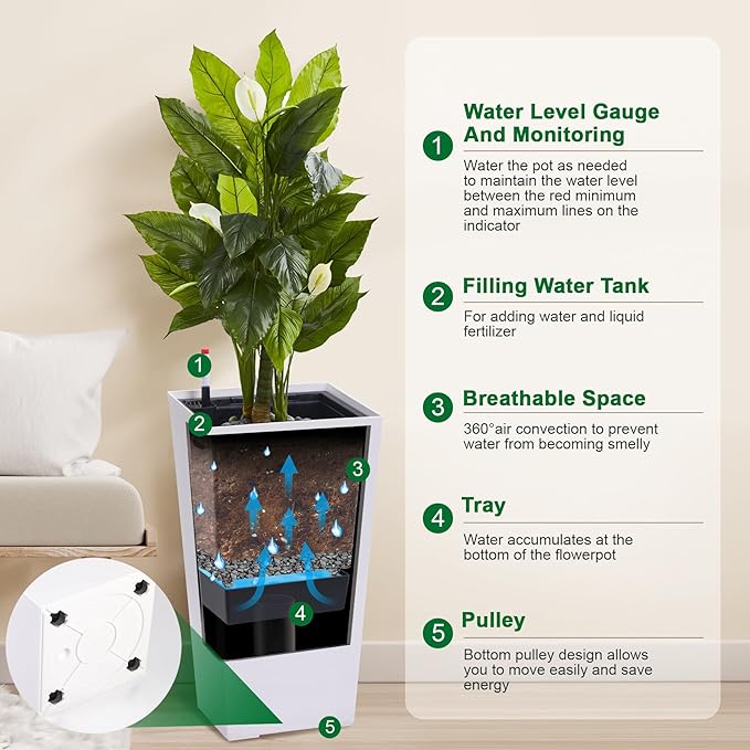 30" Tall Planters Set of 2, Outdoor&Indoor Black Planter Pots, High Front Porch Planter Pots with Drainage Holes&Water Level Monitor Movable Wheels &Inner Bucket, Automatic Watering, White