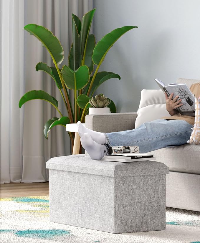 Storage Ottoman Bench, Folding Ottoman Foot Rest, 15 x 30 x 15 Inches, End of Bed Bench, Storage Chest, for Living Room, Bedroom, Hallway, Entryway, Light Gray