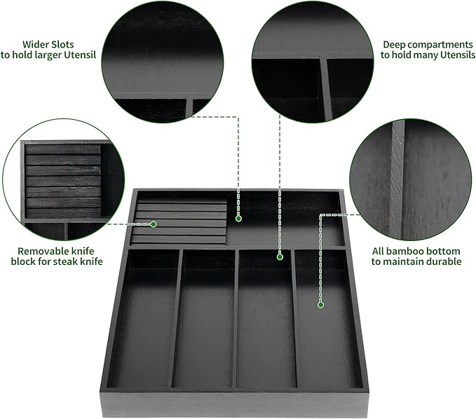 VaeFae Bamboo Silverware Organizer, Utensil Holder for Drawer, Wooden Cutlery Tray with Divider for Kitchen Drawer, Utensil Organizer with Knife Block(Black)