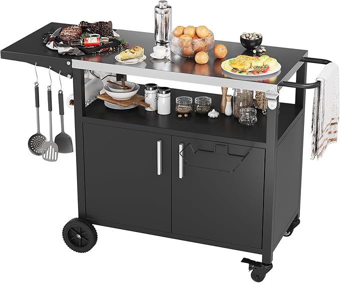 JY QAQA Outdoor Grill Cart with Storage,Patio Kitchen Island Outdoor Grill Table with Wheels,BBQ Cart Movable Pizza Oven Table Stand, Storage Cabinet, Foldable Tabletop, Black