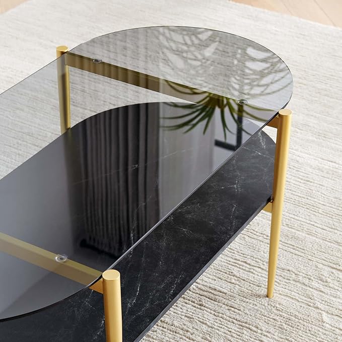 Oval Glass Coffee Table, Mid-Century Modern Design, L41 x W21 x H17 inch, for Living Room, Grey Glass Top, Black Marble Finish Wood Shelf & Gold Finish Frame