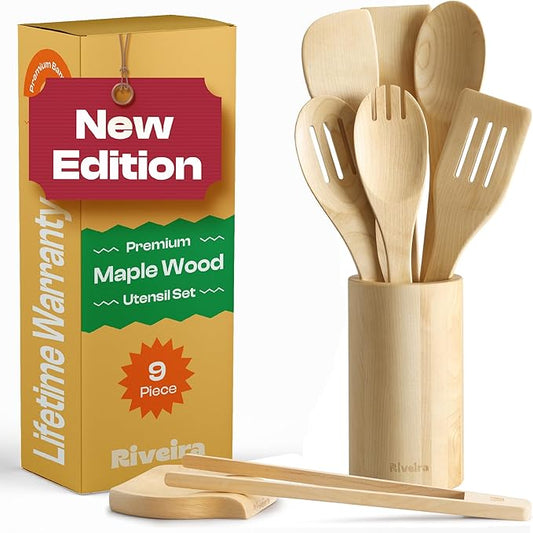 Riveira Maple Wooden Spoons for Cooking Set of 9 – Natural Maple Wooden Cooking Utensils, Wooden Spatula, Wooden Spoon - Premium Quality Wooden Utensil Set for Non-Toxic Cooking