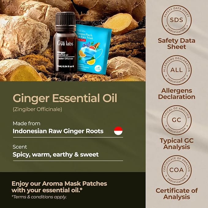Gya Labs Ginger Essential Oil - 0.34 Fl Oz - Ginger Oil for Massage, Diffuser, Hair, Skin, Body & Candle Making Scent