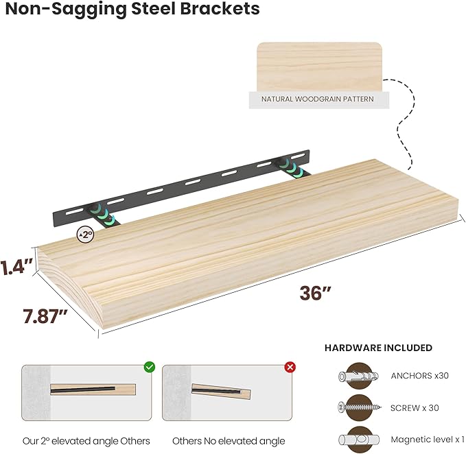 Light Wood Floating Shelves 36”x 8”x 1.4” Book Shelf Floating for Wall Mounted, Heavy Duty Shelf Hold 80 lbs, Unfinished Rustic Wall Shelves for Bedroom, Living Room, Kitchen, Office, Laundry Room