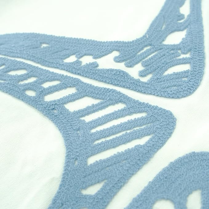 Embroidered Decorative Throw Pillow Cover, 18"x18" Set of 2, Farmhouse Pillowcase Blue Sea Star Knit Pattern Cotton Canvas Cushion Case Square Floral Pillow Case for Sofa Couch Bed Living Room