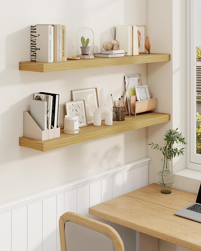Marsmiles 36" Floating Shelves for Wall, Wooden Shelves with Invisible Brackets Set of 2, Rustic Farmhouse Wall Mounted Shelf for Kitchen Bathroom Living Room Study, Natural Oak
