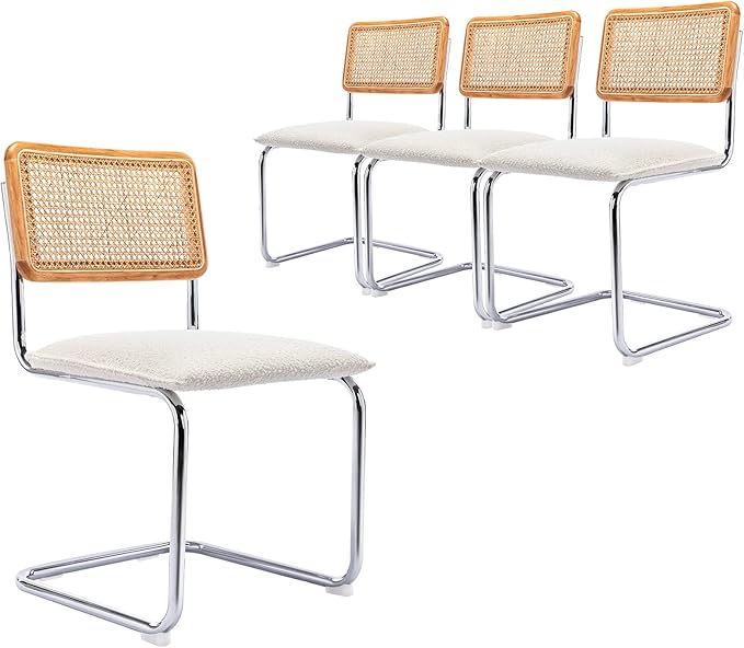 Mid Century Modern Rattan Dining Chairs Set of 4, Boucle Kitchen Chairs with Handwoven Mesh Rattan Backrest and Metal Legs, Upholstered Accent Side Chairs, White