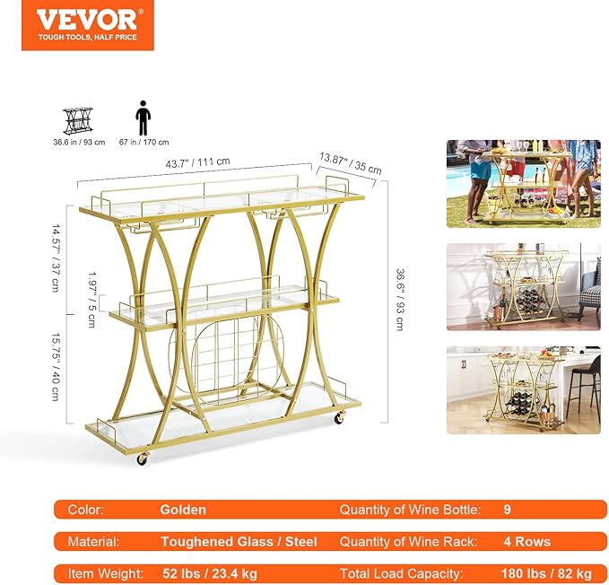 VEVOR Bar Cart Gold, 3 Tiers Home Bar Serving Cart on Lockable Wheels, Rolling Alcohol Cart with Tempered Glass Shelves Guardrail Wine Rack, Modern Wine Cart for Home Kitchen Dining and Living Room