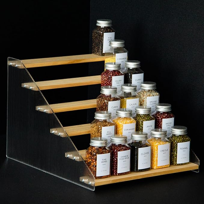 nianfeng Tiered Spice Rack, 6-Tier Spice Pantry Kitchen Cabinet Organizer, 12-Inch, Natural Wood Acrylic Stair Riser Stand, Countertop Seasoning Shelf
