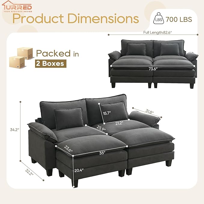 URRED Modular Sectional Sofa Comfy Cloud Couch, Modern Velvet Sofa Sleeper Deep Seat Couches with Ottoman/Pillows for Living Room (Dark Gray, 82.6''- 2 Ottomans)