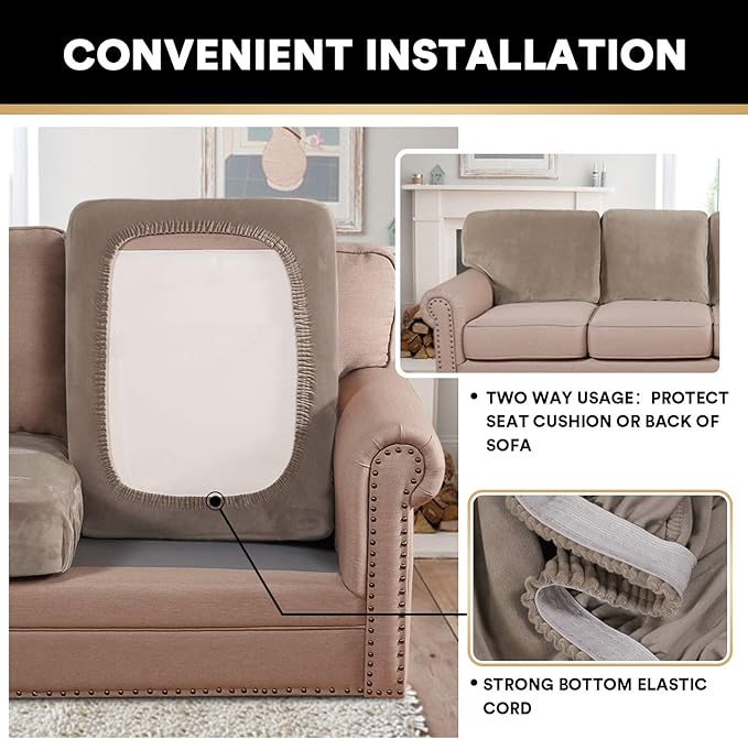 PrinceDeco Velvet Stretch Couch Cushion Cover Soft Cushion Slipcover for Chair Loveseat Sofa Furniture Protector Seat Cushion Sofa Cover (Each Width Up to 29.5", Taupe)