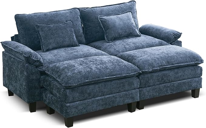 URRED Modular Sectional Sofa Comfy Cloud Couch, Modern Chenille Sofa Sleeper Deep Seat Couches with Ottoman/Pillows for Living Room (Blue, 82.6''- 2 Ottomans)