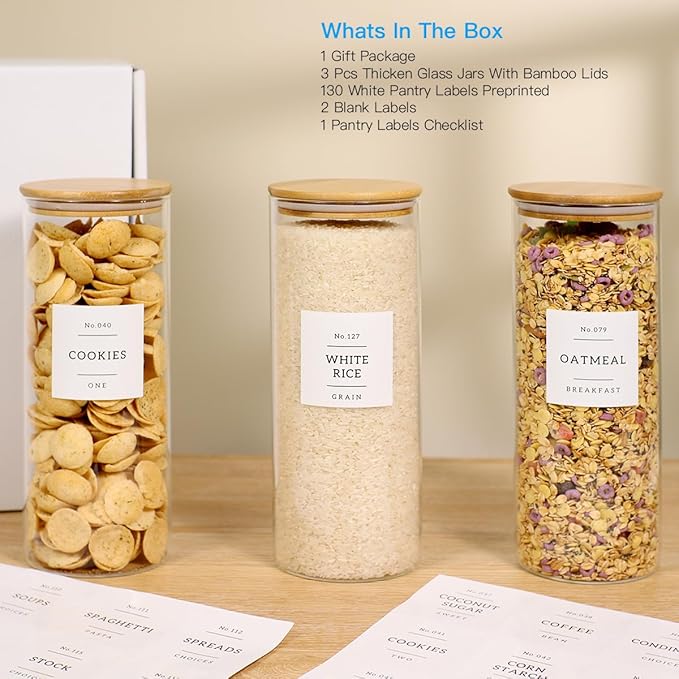 3 Pack Glass Jar with Airtight Bamboo Lid and White 132 Kichen Pantry Labels Preprinted - 56 Oz Clear Tall Glass Food Storage Containers set For Pasta Flour Cookie Rice