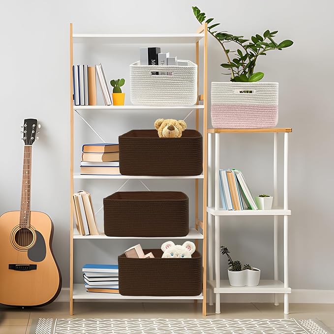 COMFY-HOMI Cotton Rope Woven Basket with Handles for Shelves,Toys,Book, Cloth Storage Baskets for Organizing-17" x 13" x 7.5" Toy Decorative Organizer for Living Room, Bathroom (dark brown)