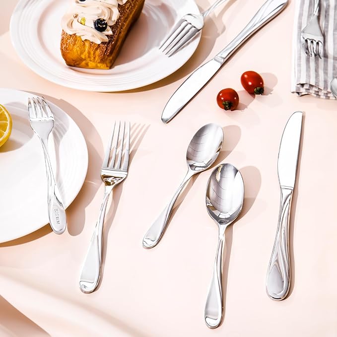 HIKAA Wave Design Silverware Set Service for 8, 40-Piece Artistic Stainless Steel Flatware Set with Fibonacci Pattern, Heavy Duty Mirror Polished Cutlery Set