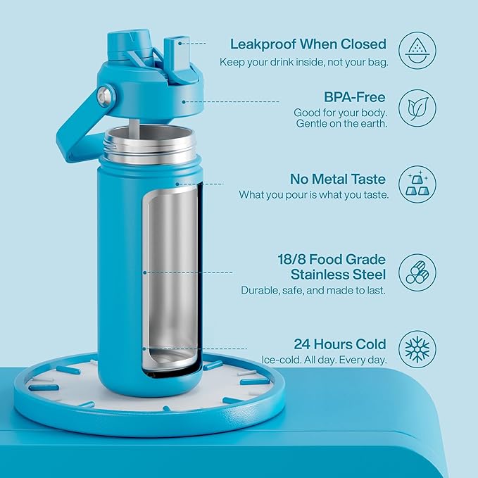 Insulated Water Bottle with Straw Stainless Steel Water Bottle, Leak-Proof, BPA-Free, Double Wall Vacuum Keeps Cold for 24 Hours for Sports, Travel, School (18 oz, Azure Blue)